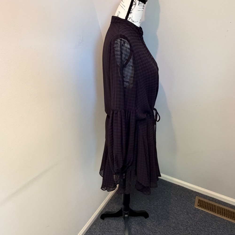 Olivaceous Gingham Button Front Dress Dark Purple Black Bishop Sleeve Medium - Picture 6 of 9